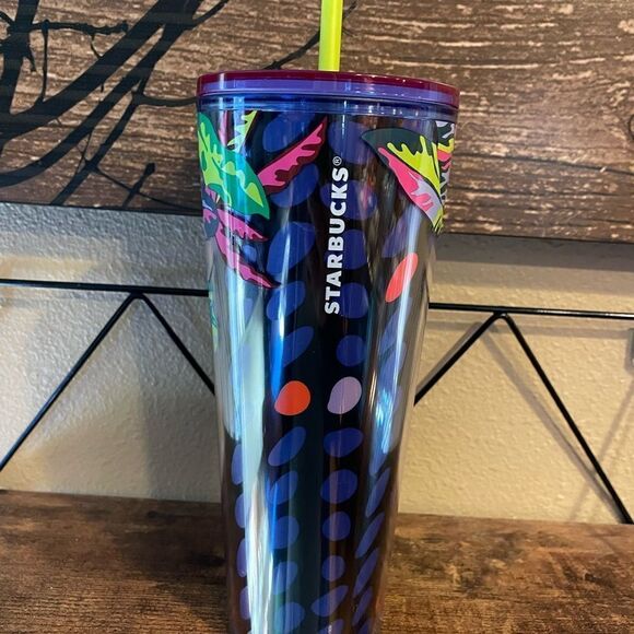 Starbucks Floral Leaves Purple Neon Green Spotted 24 Ounce Tumbler - Picture 9 of 9